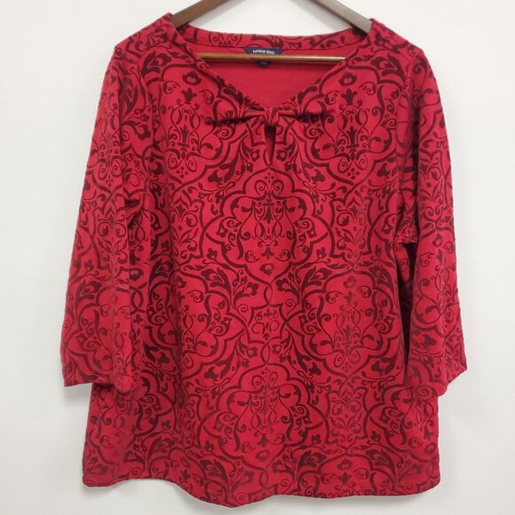 Lands End Womens Whimsigoth Velvet Burnout Top Size 2X Red Bow Keyhole Holiday - Picture 1 of 9